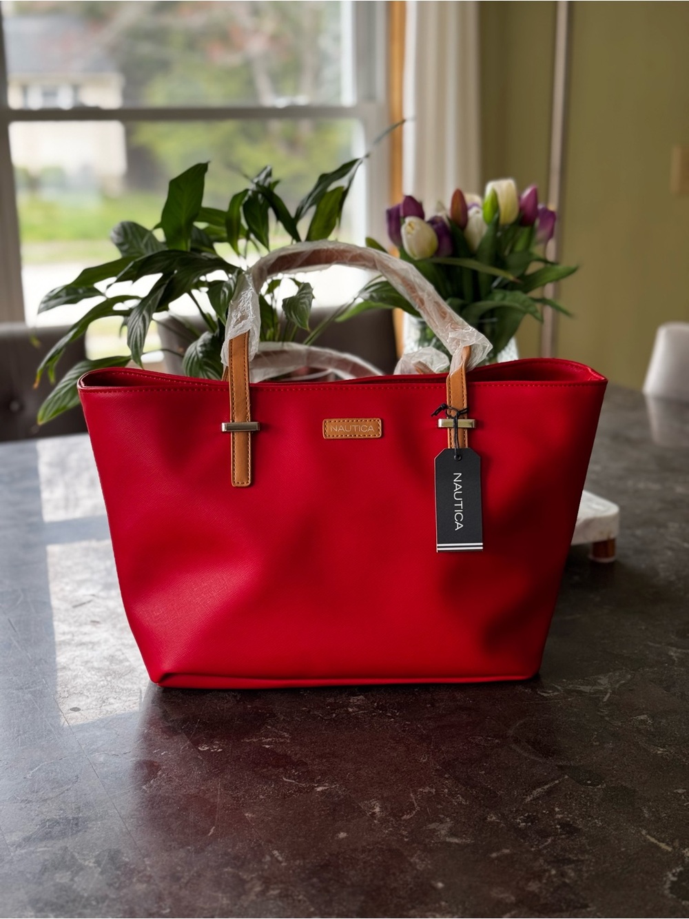 Nautica Red Tote with Tan Handles